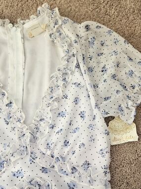 Altar'd State White & Blue Floral Ruffle Womens Small Romper Dress Cottagecore